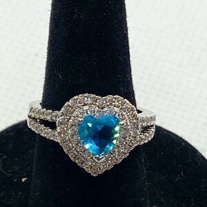 Rhinestone studded light blue stone heart silver tone fancy ring - size 5